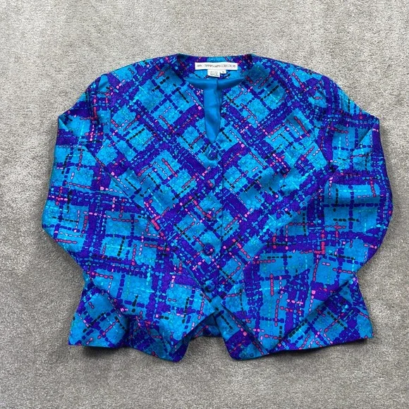 ANNE CRIMMINS for LUMI COLLECTIONS Blue Plaid Silk Skirt Suit Set Size 16 - Picture 14 of 16